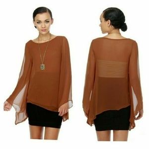 Lush Sheer Bronze Asymmetrical Batwing Blouse